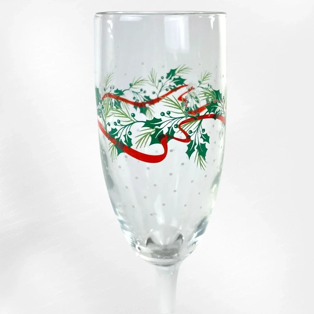 Libbey Christmas Champagne Flutes Set 10 Holly Ribbon Evergreen Snow 1990s